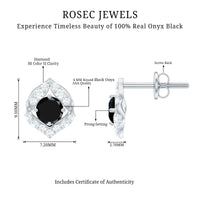 Natural Black Onyx Diamond Leaf Stud Earrings with Screw Back