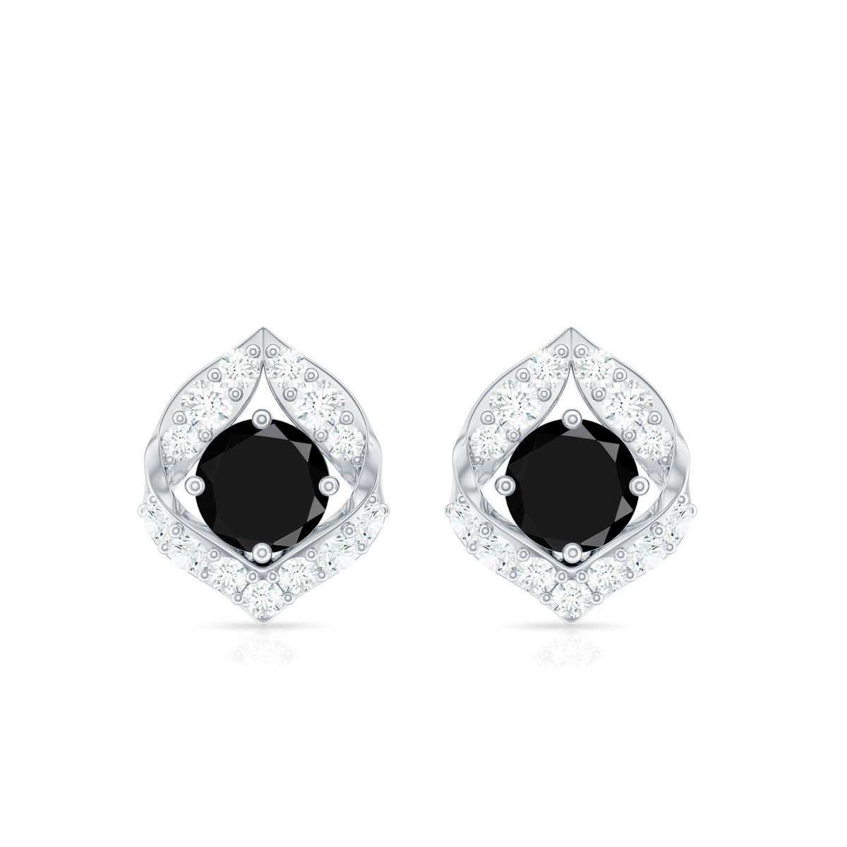 Natural Black Onyx Diamond Leaf Stud Earrings with Screw Back