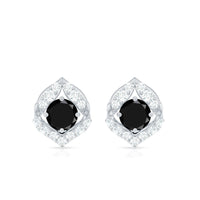 Natural Black Onyx Diamond Leaf Stud Earrings with Screw Back
