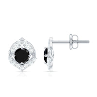 Natural Black Onyx Diamond Leaf Stud Earrings with Screw Back
