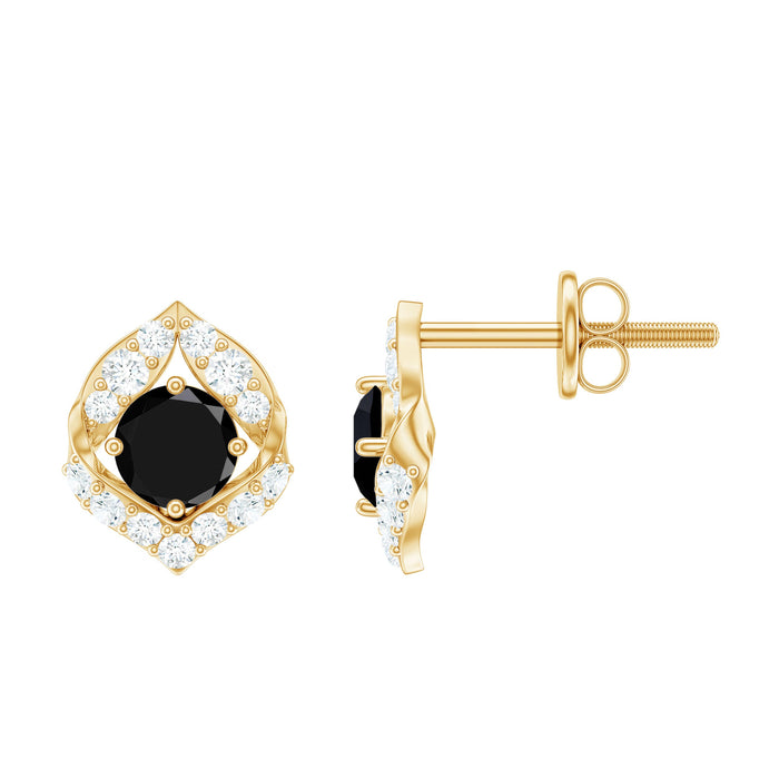 Natural black onyx and diamond leaf stud earrings with screw back closure, crafted by Rosec Jewels, featuring elegant jewelry design.