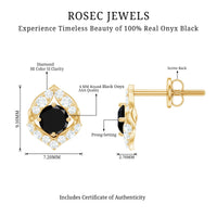 Natural Black Onyx Diamond Leaf Stud Earrings with Screw Back