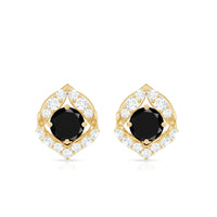 Natural Black Onyx Diamond Leaf Stud Earrings with Screw Back