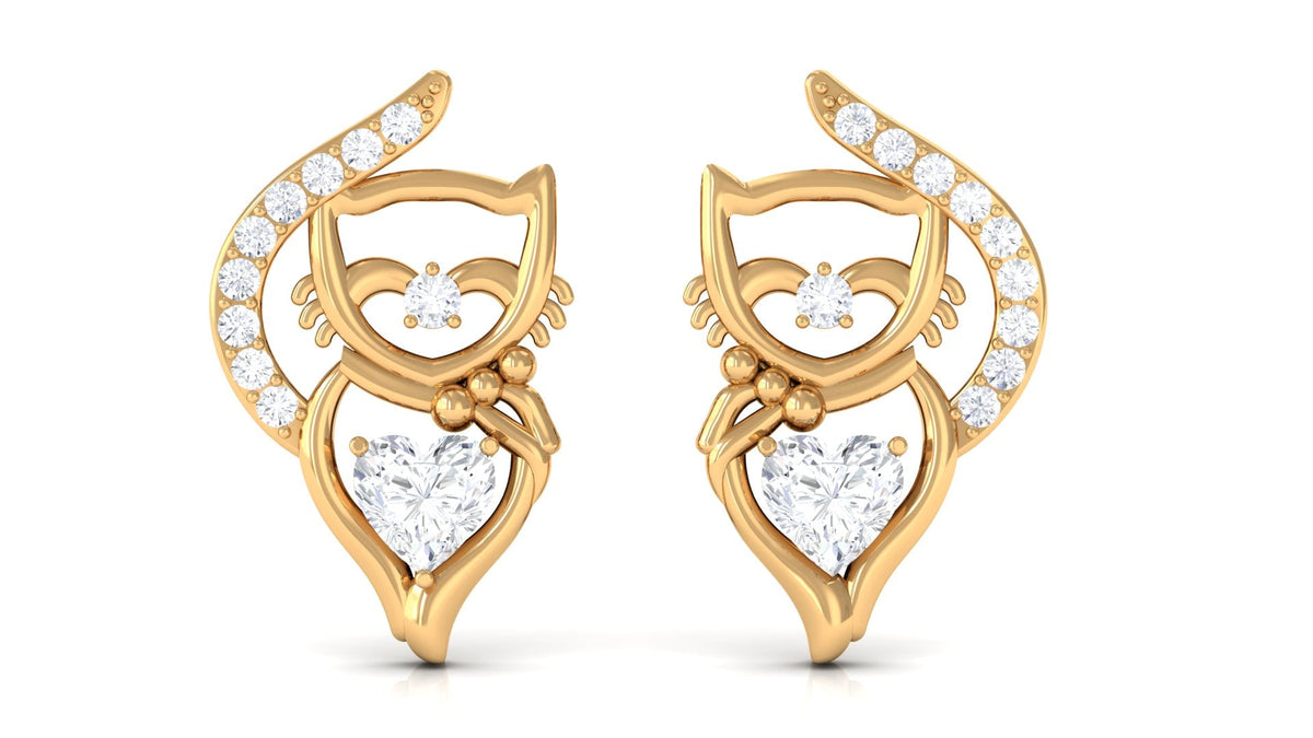 Natural Diamond Cat Stud Earrings with Screw Back