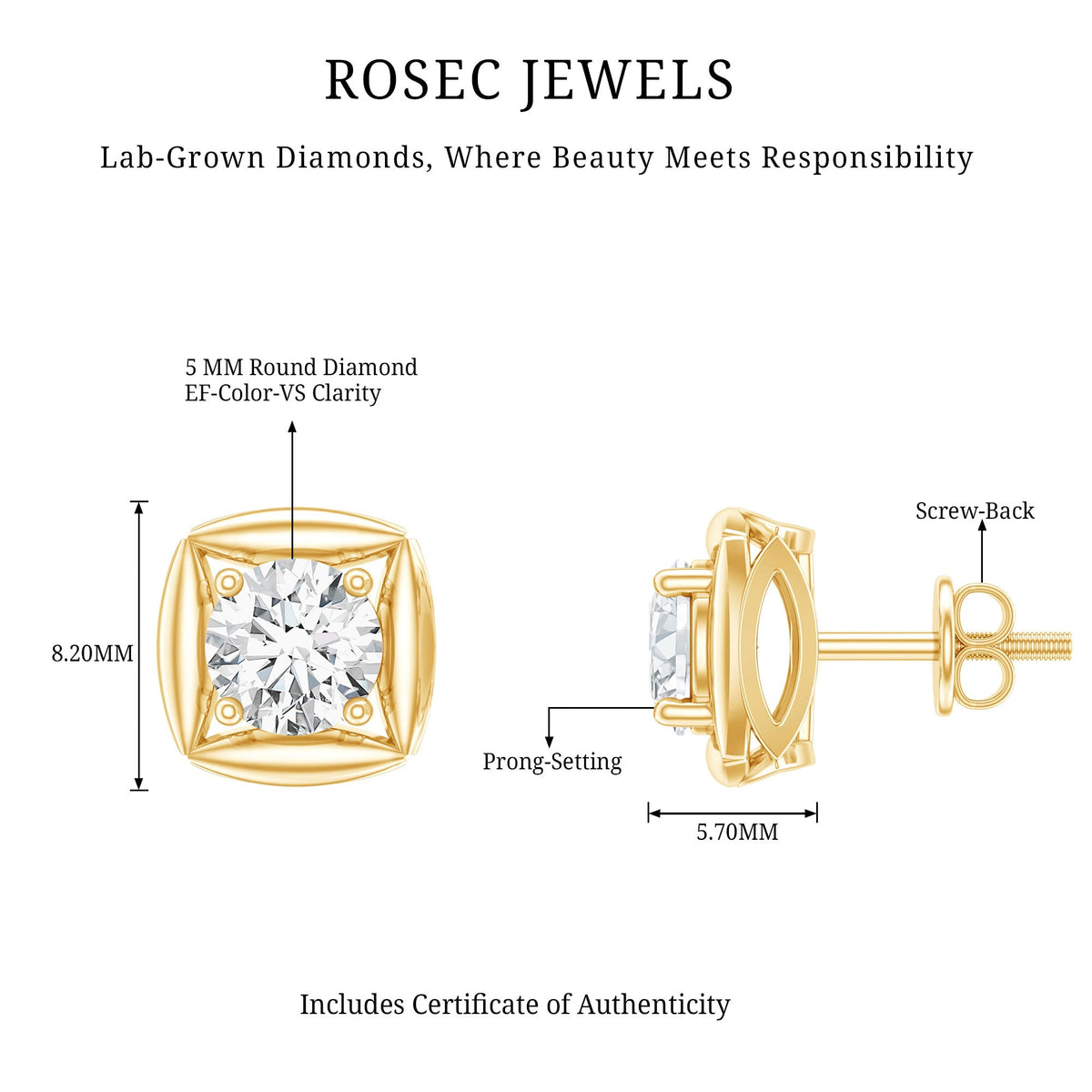 5 MM Round Lab Grown Diamond Stud Earrings With Screw Back