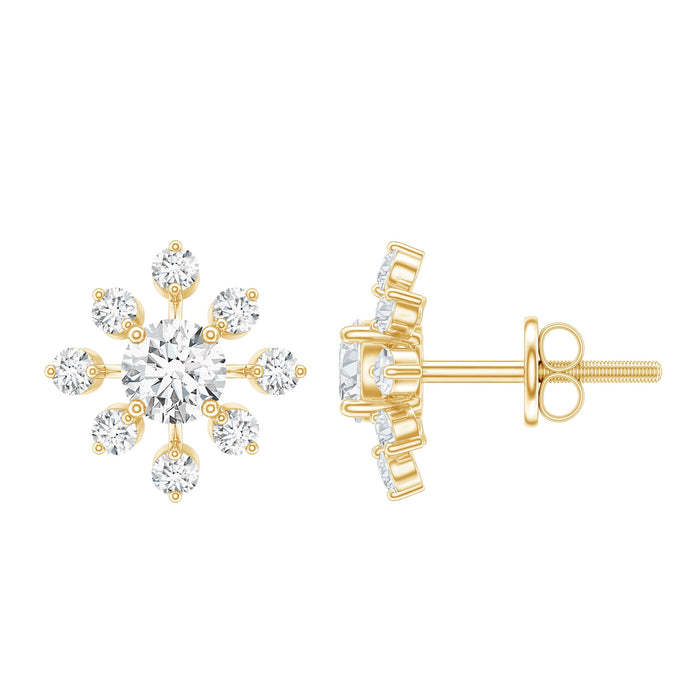 Rosec Jewels lab-grown diamond snowflake stud earrings with sparkling diamond accents and intricate snowflake design.