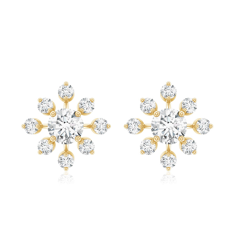 Rosec Jewels lab-grown diamond snowflake stud earrings with sparkling diamonds and intricate snowflake design.