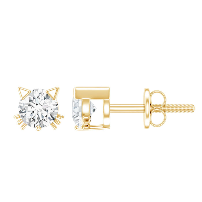 Certified 6mm lab-grown diamond cat earrings by Rosec Jewels featuring sparkling diamond accents and cute feline design.