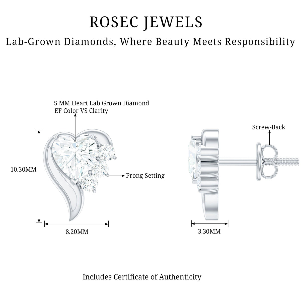 Heart Shape Lab Grown Diamond Minimal Stud Earrings with Screw Back