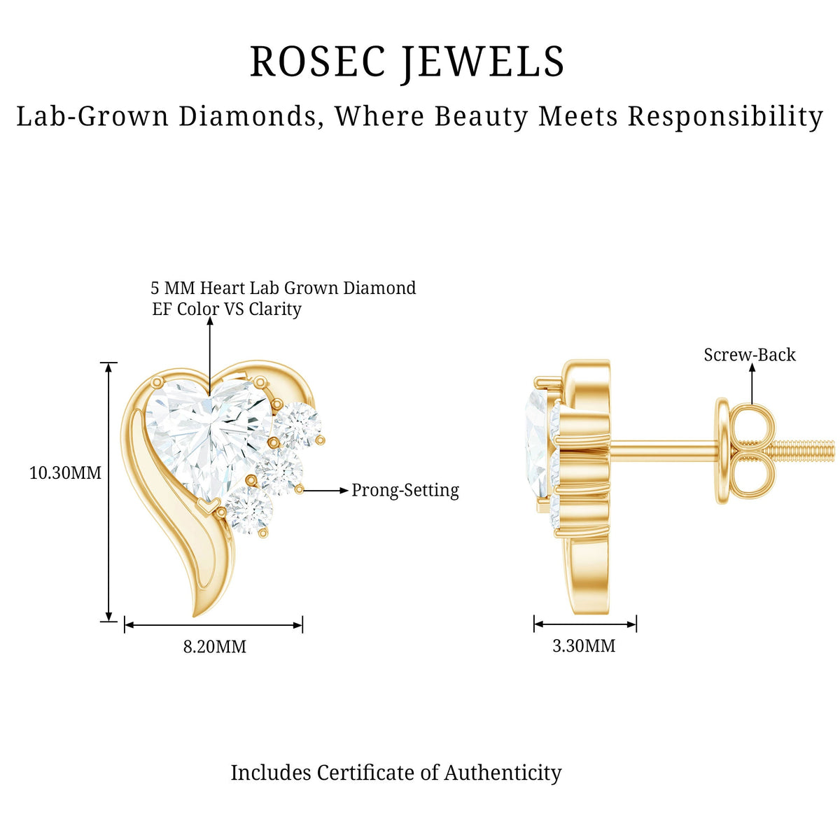 Heart Shape Lab Grown Diamond Minimal Stud Earrings with Screw Back