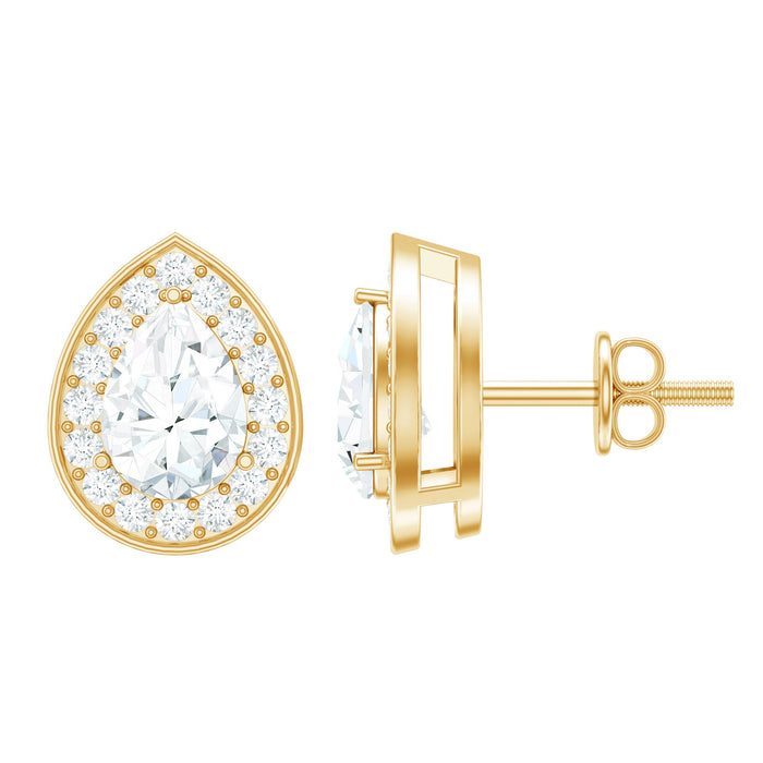 Pear-shaped lab-grown diamond halo stud earrings by Rosec Jewels, showcasing sparkling diamond details on elegant earrings.