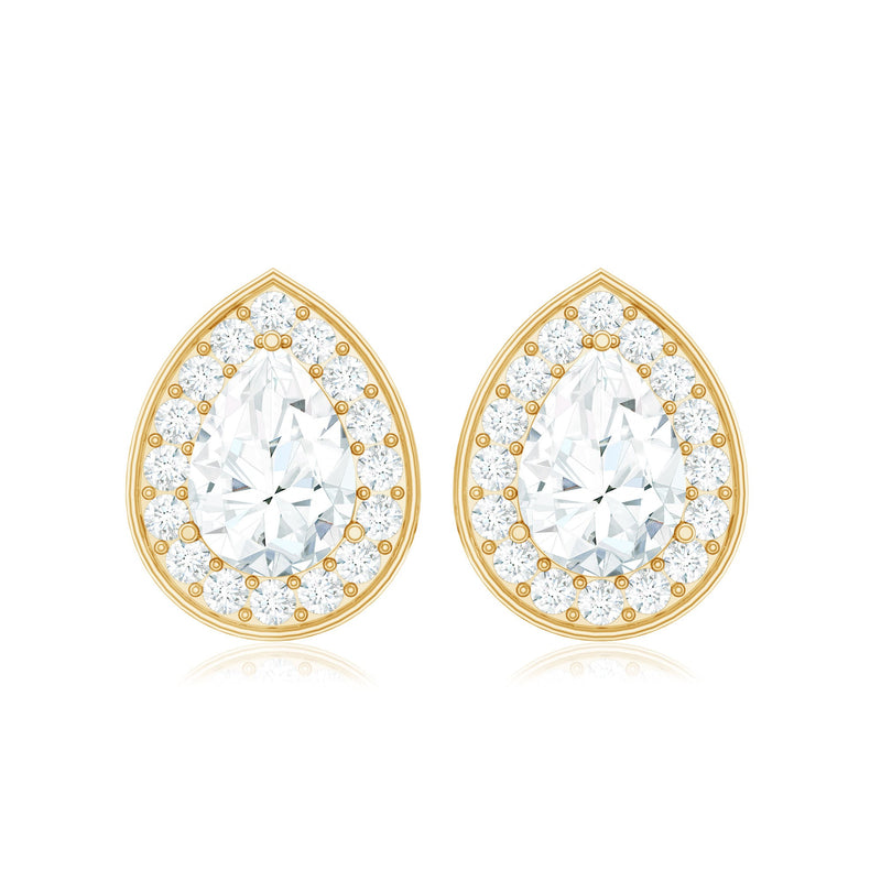 Pear shape lab-grown diamond halo stud earrings by Rosec Jewels featuring classic design and sparkling diamonds.