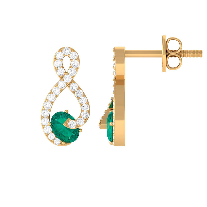 Natural emerald and diamond infinity earrings with screw back, elegant jewelry piece by Rosec Jewels featuring sparkling gemstones.