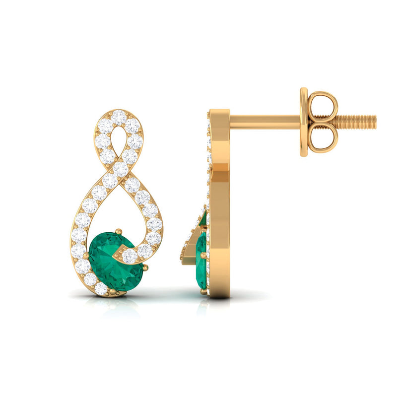 Natural emerald and diamond infinity earrings with screw back, featuring elegant design from Rosec Jewels.