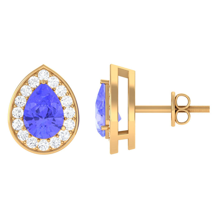 Pear-shaped 1.6 carat Tanzanite stud earrings with diamond halo by Rosec Jewels, sparkling and elegant jewelry accessory.