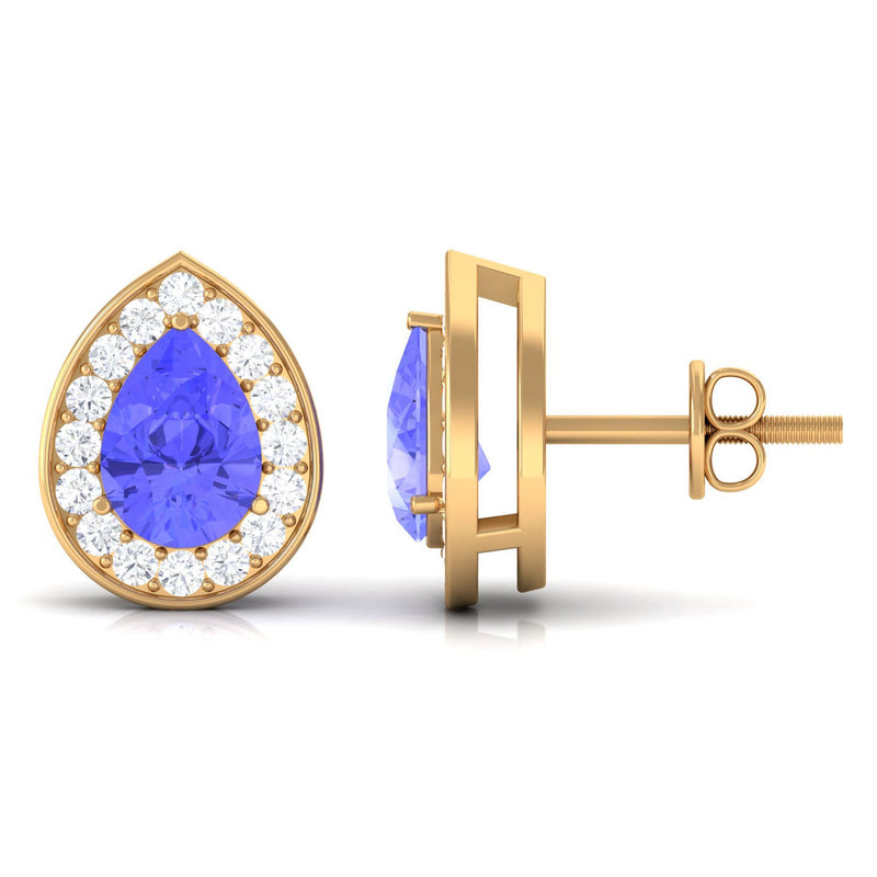 Pear-shaped Tanzanite stud earrings with diamond halo, featuring 1.6 carats of vibrant blue gemstones and sparkling diamond accents.