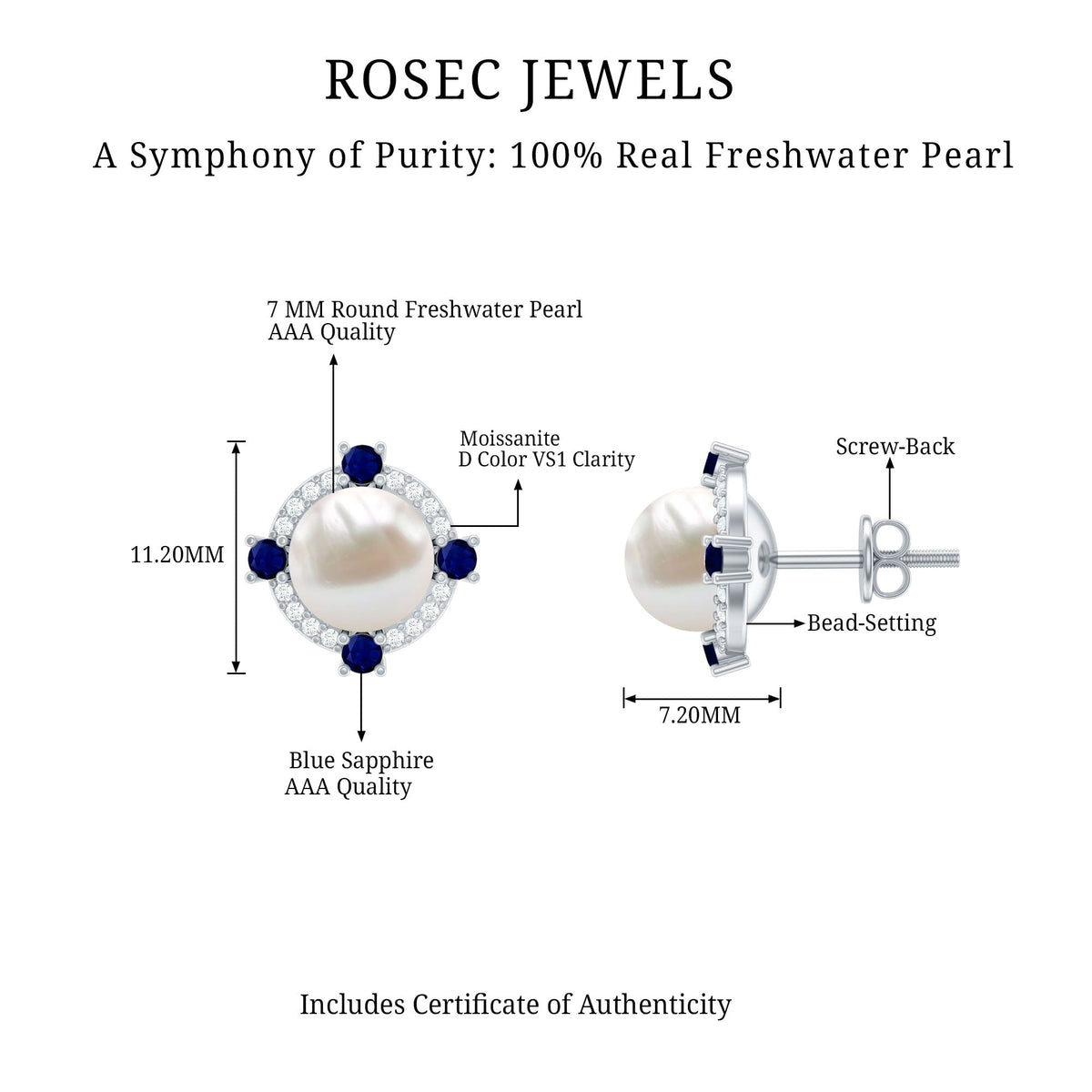 Vintage freshwater pearl earrings with blue sapphire accents by Rosec Jewels, featuring elegant design and classic style.