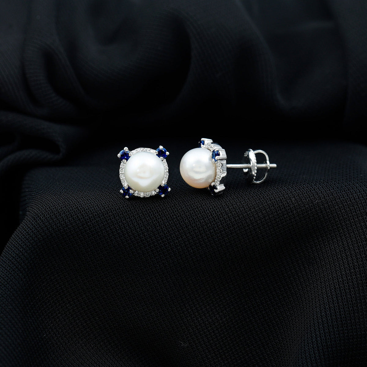 Certified Cultured Pearl and Sapphire Bridal Stud Earrings