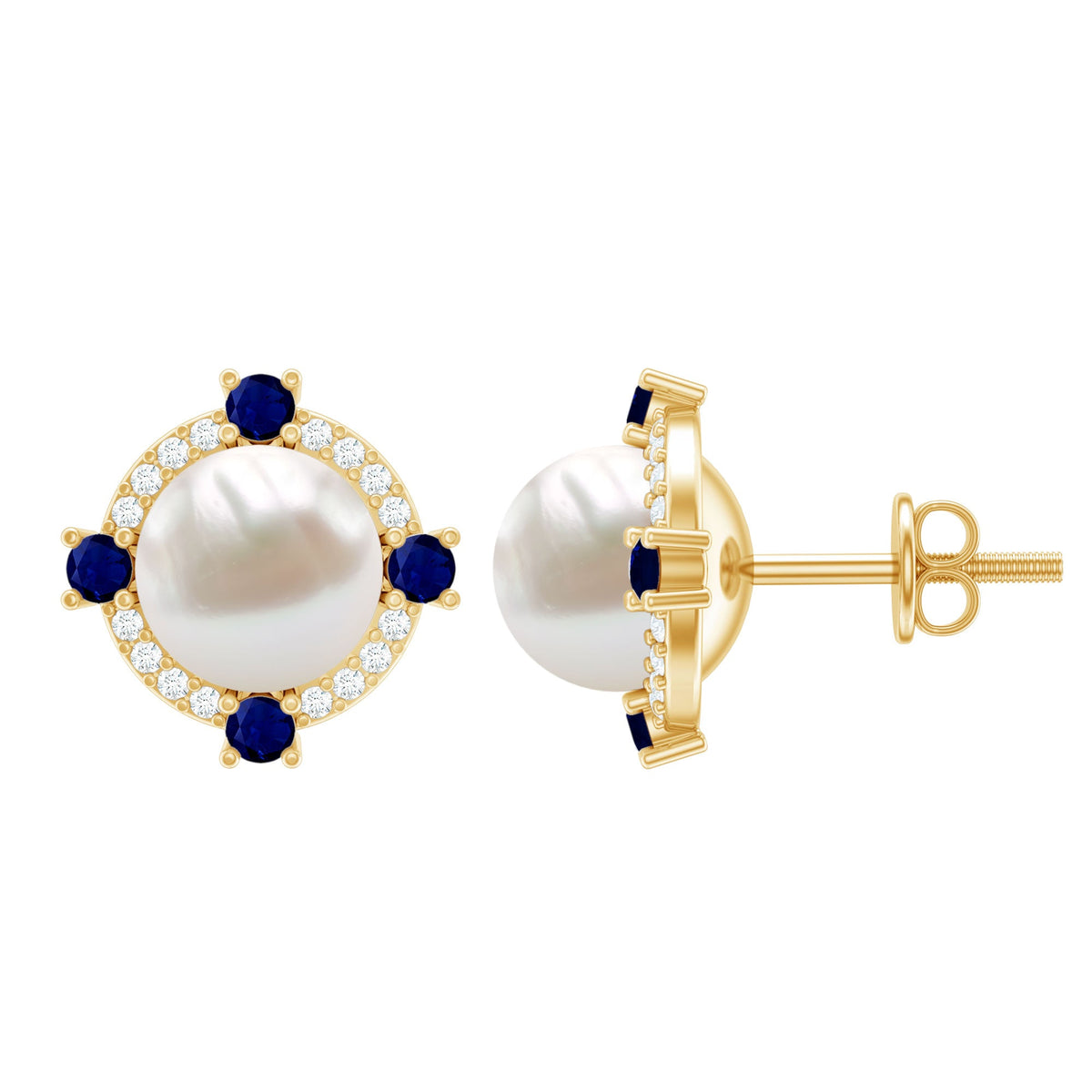 Vintage freshwater pearl earrings with blue sapphire accents by Rosec Jewels, showcasing elegant pearl and sapphire jewelry.