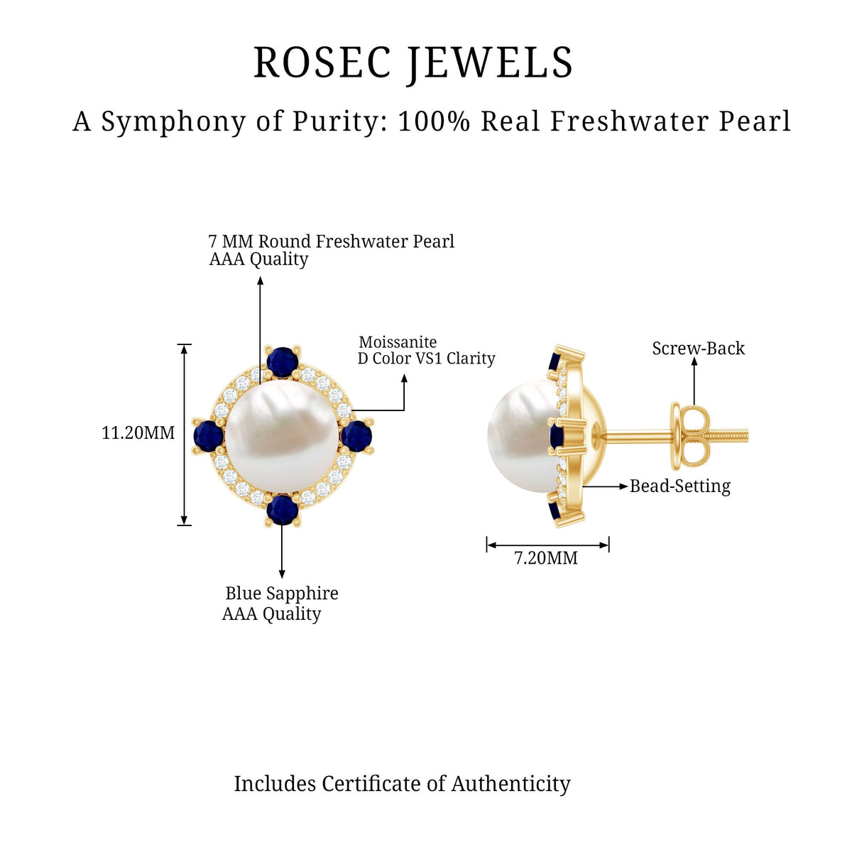 Vintage freshwater pearl earrings with blue sapphire accents by Rosec Jewels, featuring elegant pearl and sapphire details.