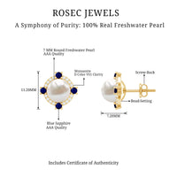 Vintage freshwater pearl earrings with blue sapphire accents by Rosec Jewels, featuring elegant pearl and sapphire details.