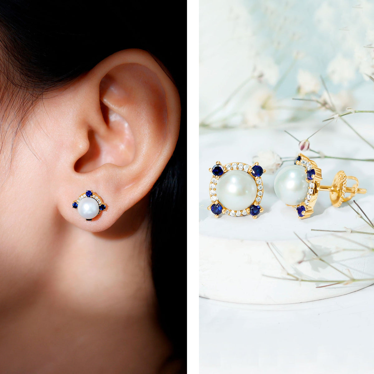 Vintage freshwater pearl earrings with blue sapphire accents by Rosec Jewels, featuring elegant pearl drops and sapphire details.