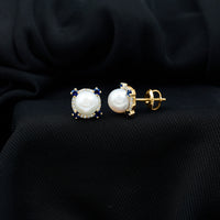 Vintage freshwater pearl earrings with blue sapphire accents from Rosec Jewels, featuring elegant, classic jewelry design.
