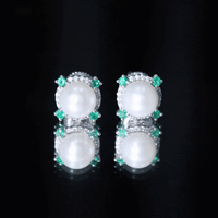 Rosec Jewels 6 Carat freshwater pearl bridal stud earrings with emerald accents, featuring elegant white pearls and sparkling green emeralds.
