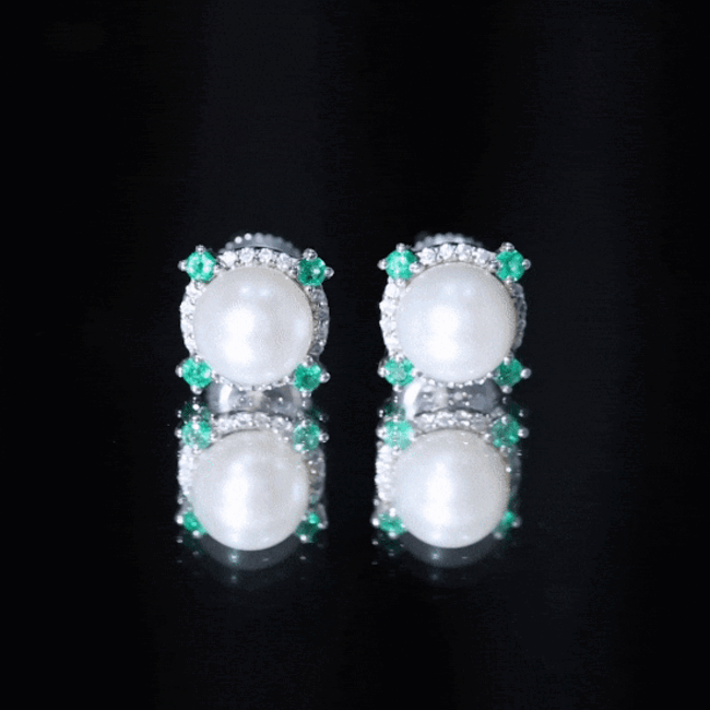 Rosec Jewels 6 Carat freshwater pearl bridal stud earrings with emerald accents, featuring elegant yellow design