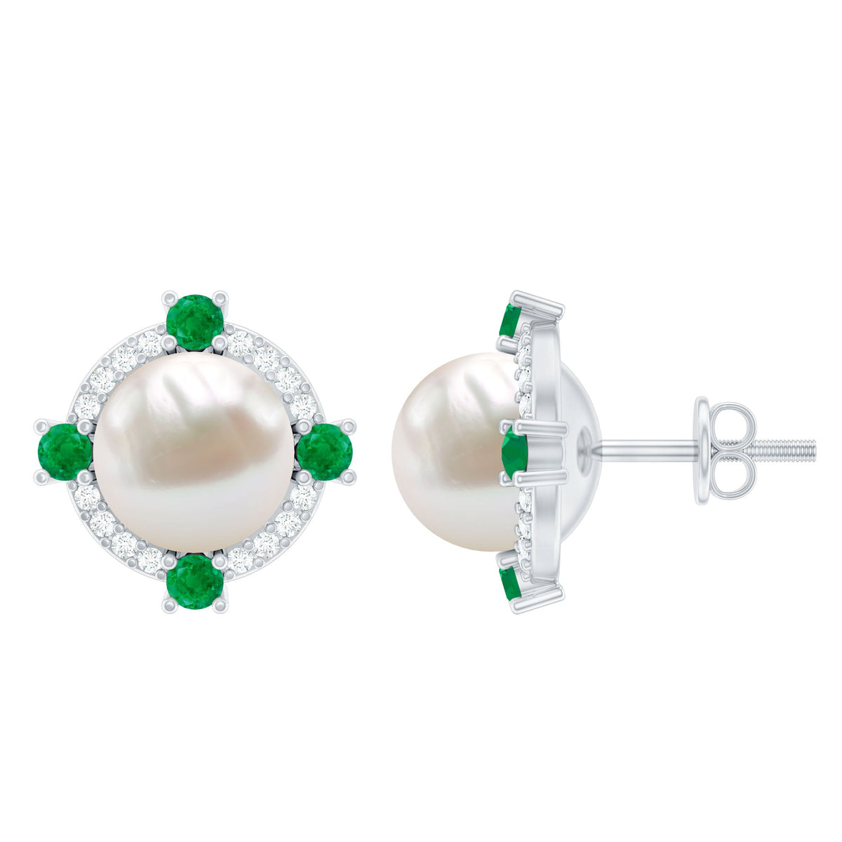 Rosec Jewels 6 carat freshwater pearl bridal stud earrings with emerald accents, elegant jewelry for special occasions