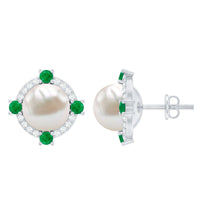 Rosec Jewels 6 carat freshwater pearl bridal stud earrings with emerald accents, elegant jewelry for special occasions