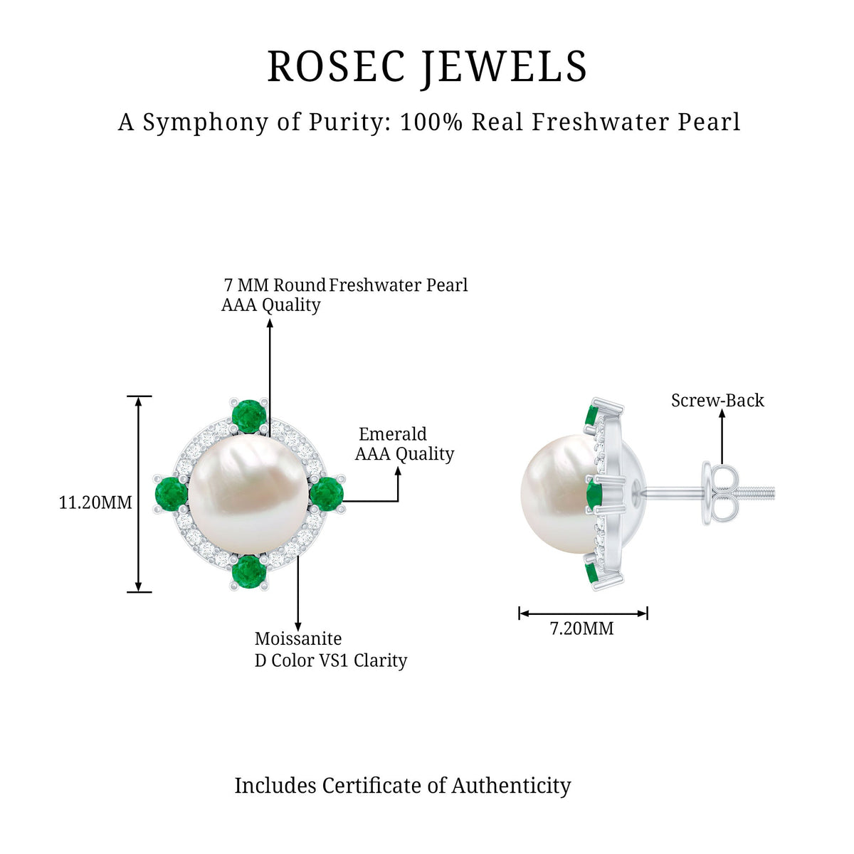 Rosec Jewels 6 Carat freshwater pearl bridal stud earrings with emerald accents, elegant jewelry for special occasions.