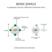 Rosec Jewels 6 Carat freshwater pearl bridal stud earrings with emerald accents, elegant jewelry for special occasions.