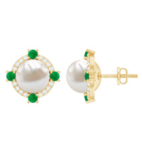 Rosec Jewels freshwater pearl bridal stud earrings with emerald accents, showcasing elegant pearl and green gemstone design.