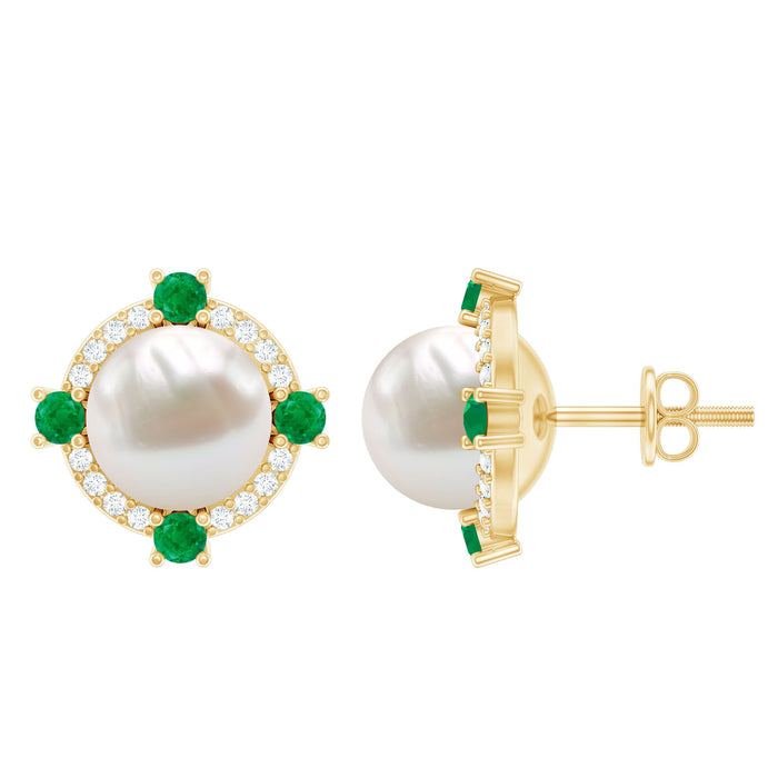 Rosec Jewels freshwater pearl bridal stud earrings with emerald accents, showcasing elegant pearl and green gemstone design.