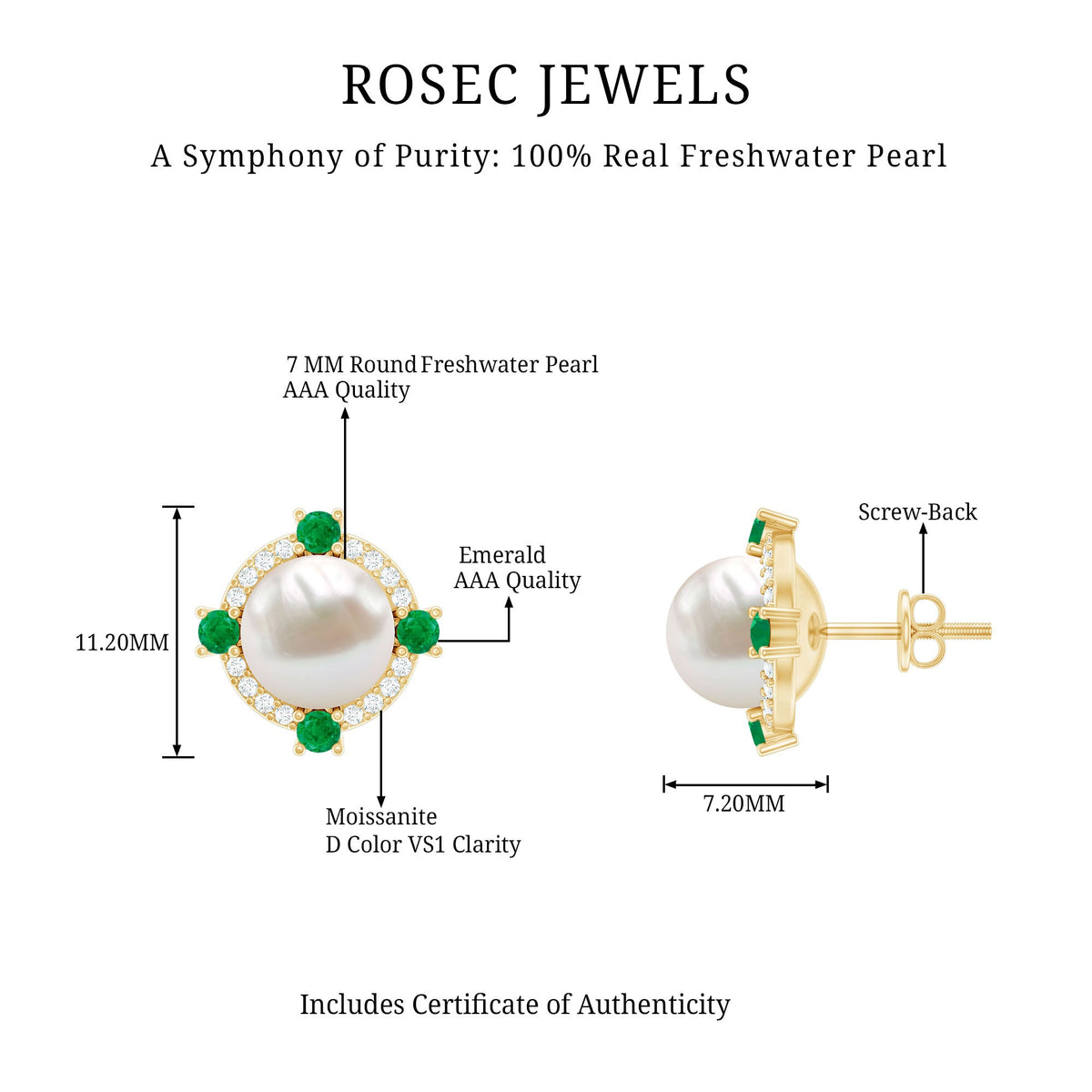 Rosec Jewels 6 Carat freshwater pearl bridal stud earrings with emerald accents, elegant jewelry for special occasions.
