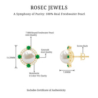 Rosec Jewels 6 Carat freshwater pearl bridal stud earrings with emerald accents, elegant jewelry for special occasions.