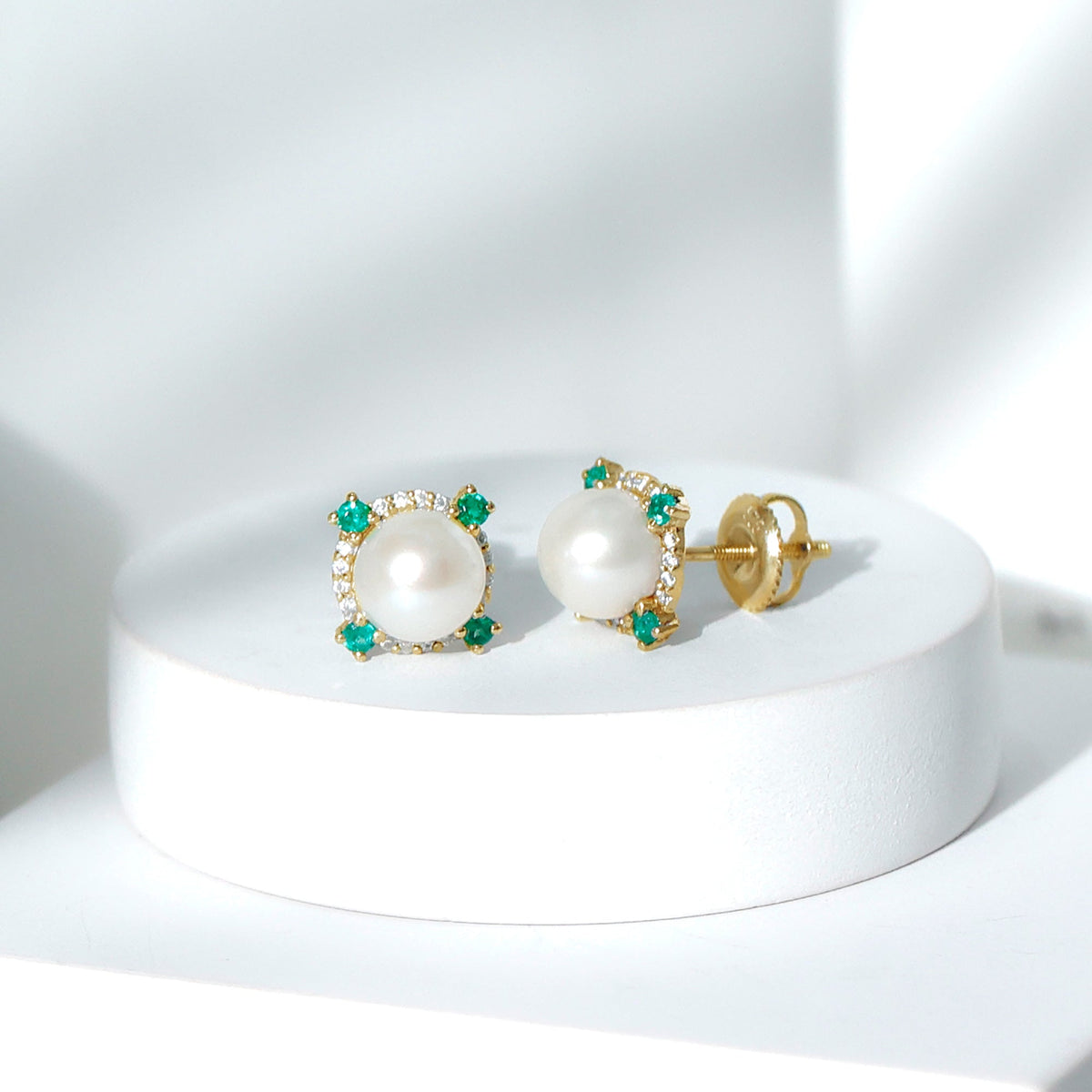 Rosec Jewels 6 Carat Freshwater Pearl Bridal Stud Earrings with Emerald, featuring elegant pearl and emerald design