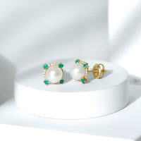 Rosec Jewels 6 Carat Freshwater Pearl Bridal Stud Earrings with Emerald, featuring elegant pearl and emerald design