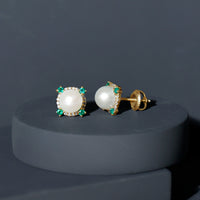 Rosec Jewels 6 Carat freshwater pearl bridal stud earrings with emerald accents, showcasing elegant jewelry design and craftsmanship.