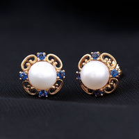 Vintage Freshwater Pearl Stud Earrings with Created Blue Sapphire