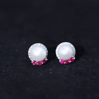 6 Carat Freshwater Pearl Stud Earrings with Ruby and Diamond Halo