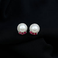 6 Carat Freshwater Pearl Stud Earrings with Ruby and Diamond Halo