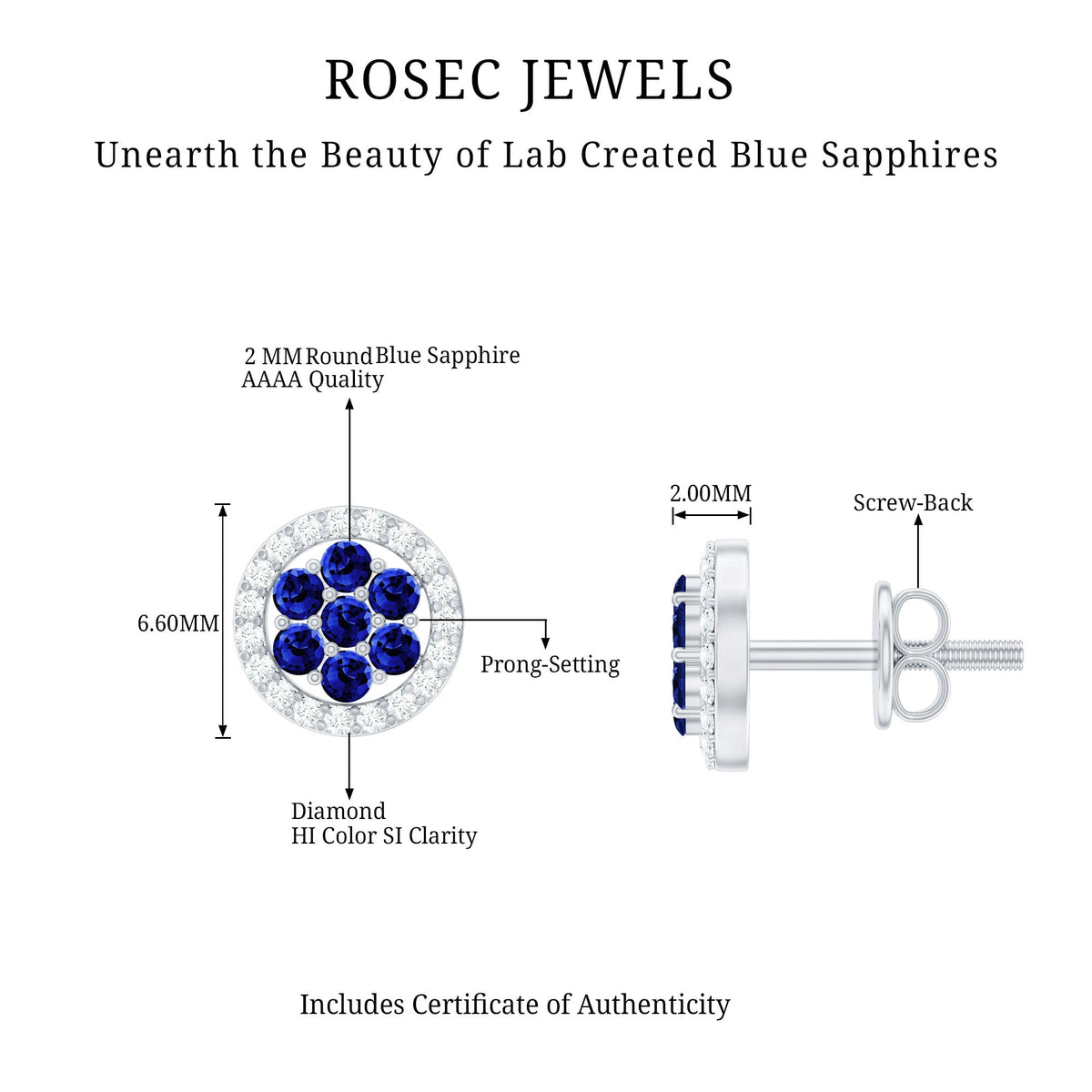 Lab-created blue sapphire flower earrings with diamond halo, featuring intricate floral design and sparkling accents.