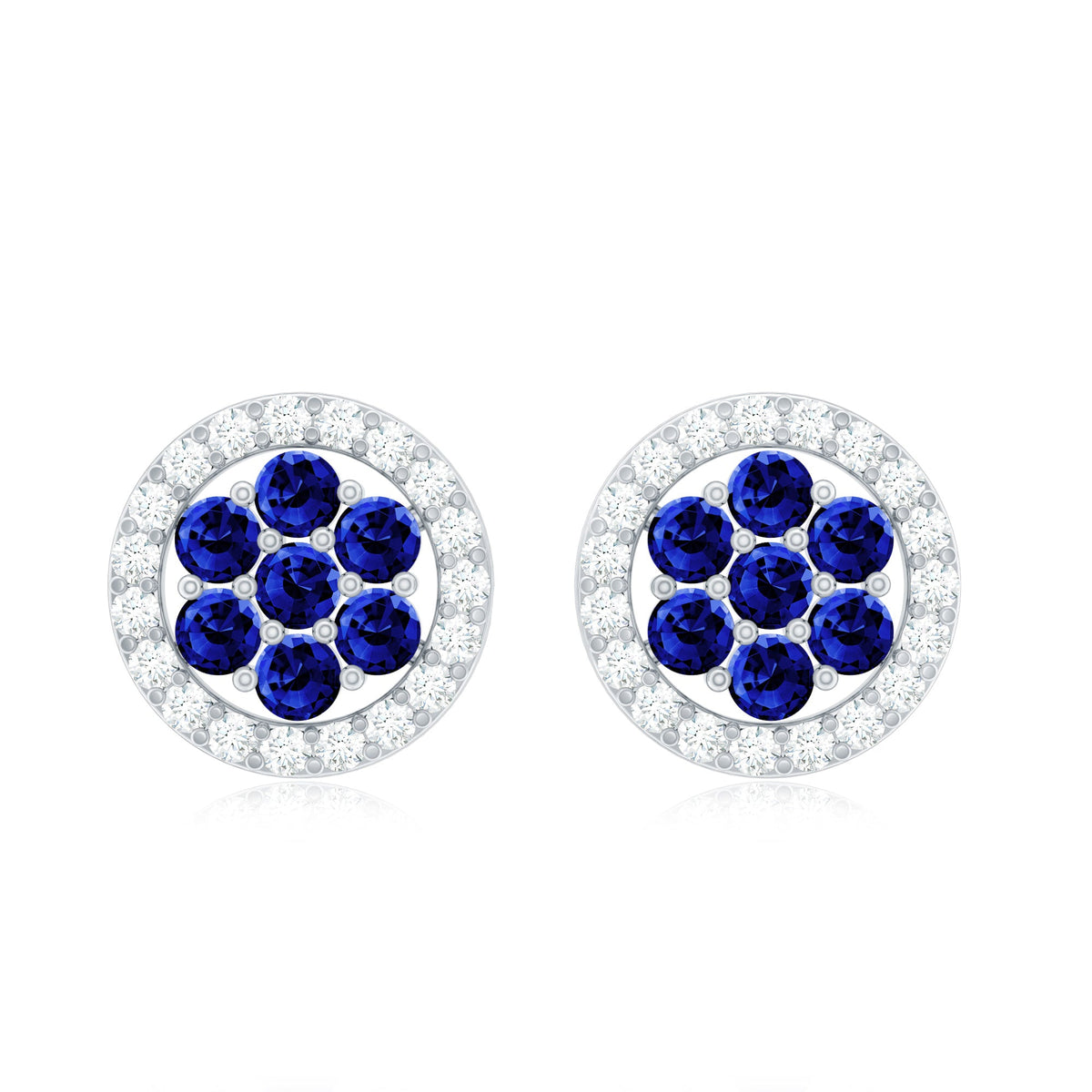 Lab-created blue sapphire flower earrings with diamond halo from Rosec Jewels, showcasing intricate floral design and sparkling accents.