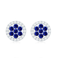 Lab-created blue sapphire flower earrings with diamond halo from Rosec Jewels, showcasing intricate floral design and sparkling accents.