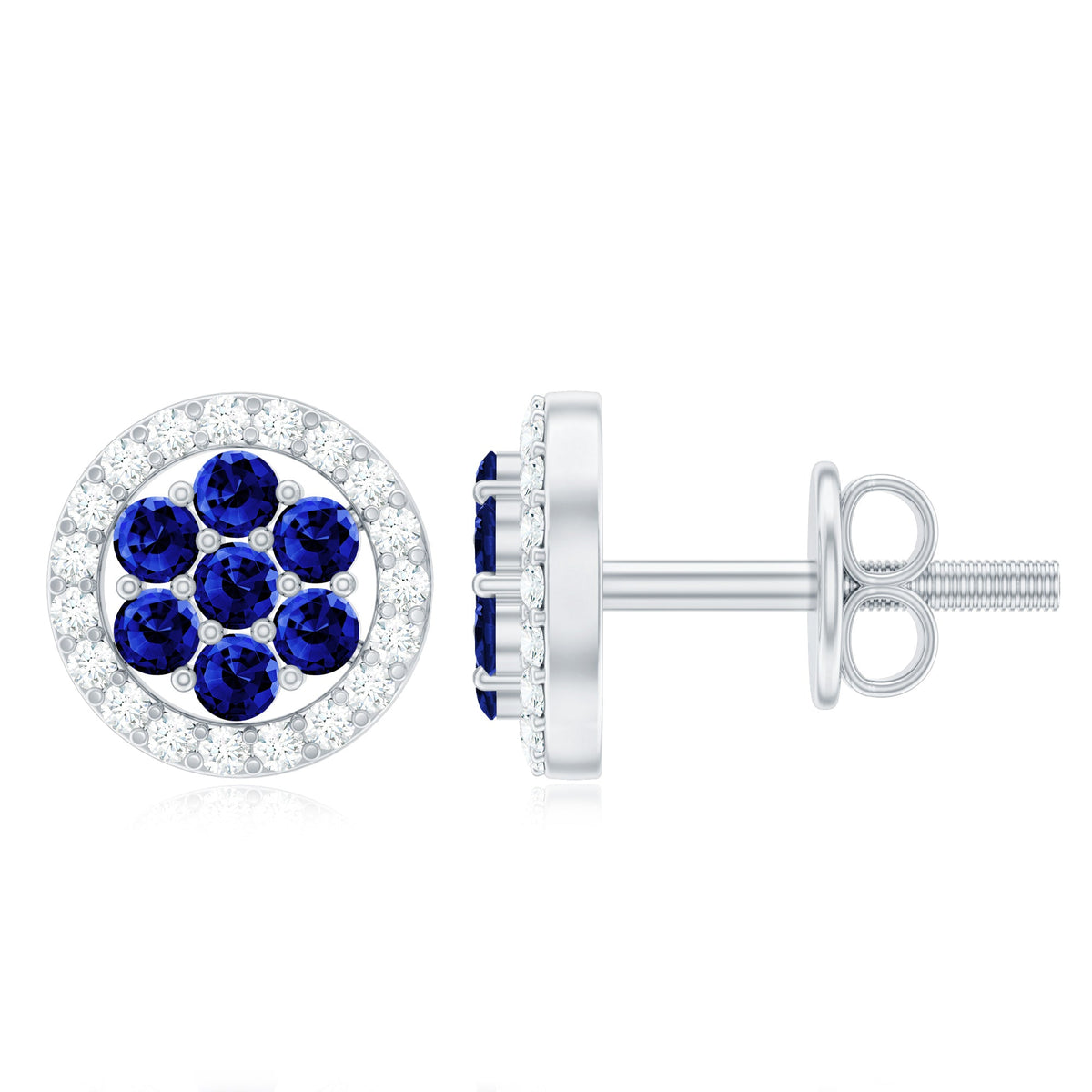 Lab-created blue sapphire flower earrings with diamond halo from Rosec Jewels featuring intricate floral design and sparkling gemstones.