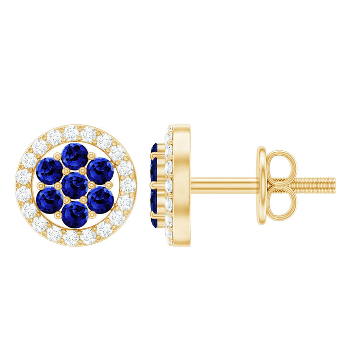 Rosec Jewels lab-created blue sapphire flower earrings with diamond halo, showcasing vibrant blue sapphires and sparkling diamonds.