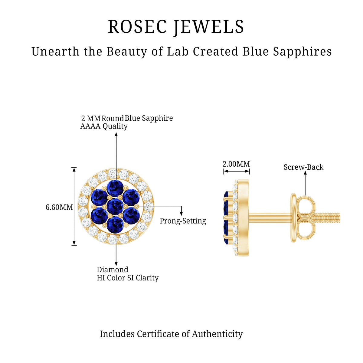 Lab-created blue sapphire flower earrings with diamond halo from Rosec Jewels, featuring intricate floral design and sparkling accents.