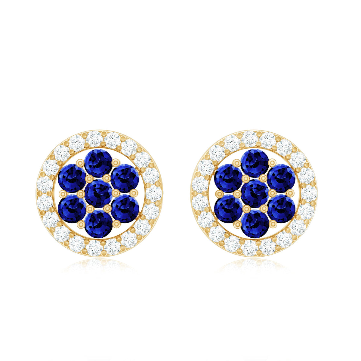 Lab-created blue sapphire flower earrings with diamond halo from Rosec Jewels, featuring vibrant blue sapphires and sparkling diamonds.